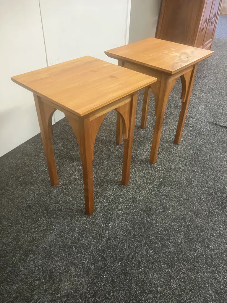 Pair of Small Rimu Moorish Arch Occasional Tables. H50 W35 D35.5cm Image 1++