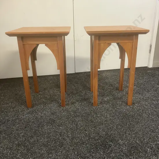Pair of Small Rimu Moorish Arch Occasional Tables. H50 W35 D35.5cm