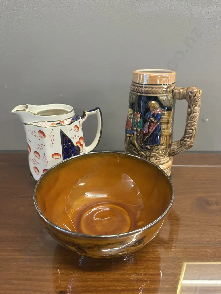 Ridgeways Bowl (af), H&J Wood Hexagonal Ceramic Milk Jug & Beer Stein Image 1++