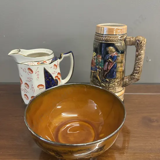 Ridgeways Bowl (af), H&J Wood Hexagonal Ceramic Milk Jug & Beer Stein