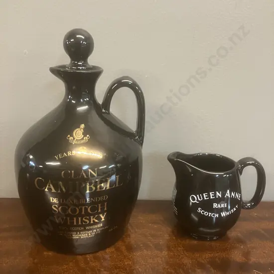 Clan Campbell 12 Year Old De Luxe Scotch Decanter With Stopper (Empty) & Wade Regicor Queen Anne Rare Scotch Whisky Jug