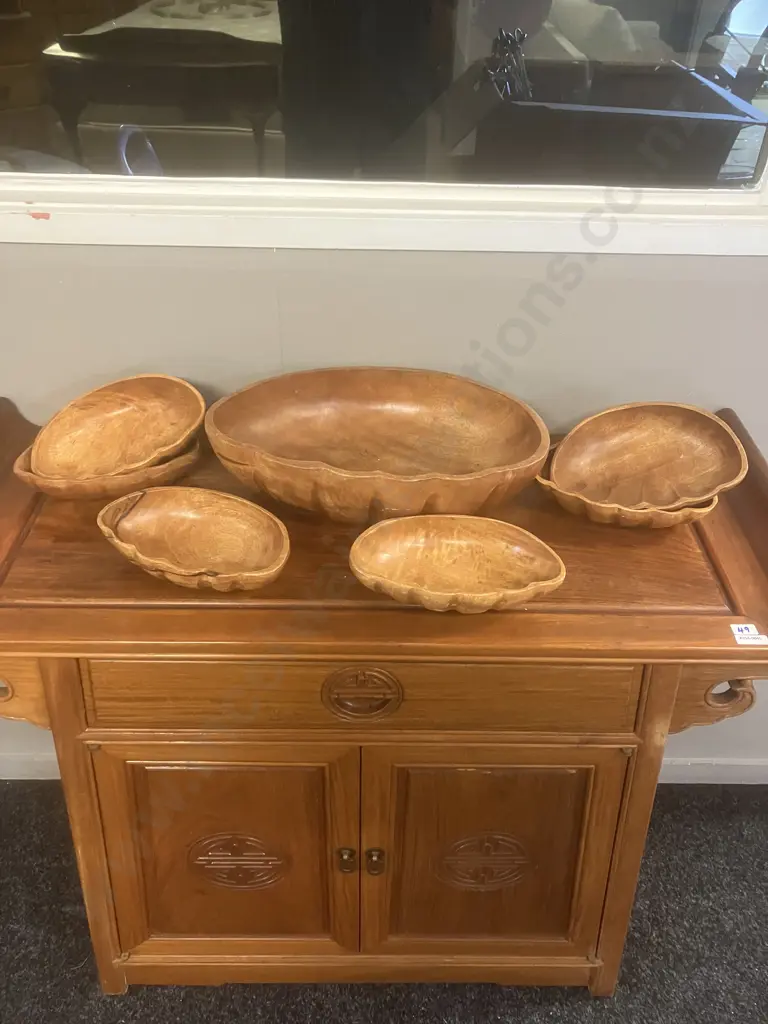 Vintage MCM Monkey Pod Wood Salad Bowl Set 7 Piece Image 1++