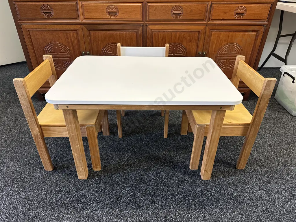 Childrens Table & Three Chairs Wooden/White H51 W80 D55.5cm. Image 1++