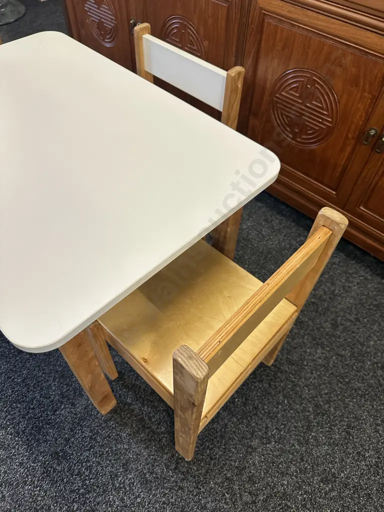 Childrens Table & Three Chairs Wooden/White H51 W80 D55.5cm. Image 1++