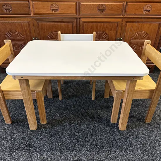 Childrens Table & Three Chairs Wooden/White H51 W80 D55.5cm.