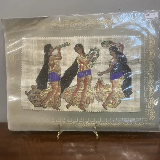 Hand-Painted Egyptian Papyrus Artwork Depicting Three Female Musicians. 30 x 40cm