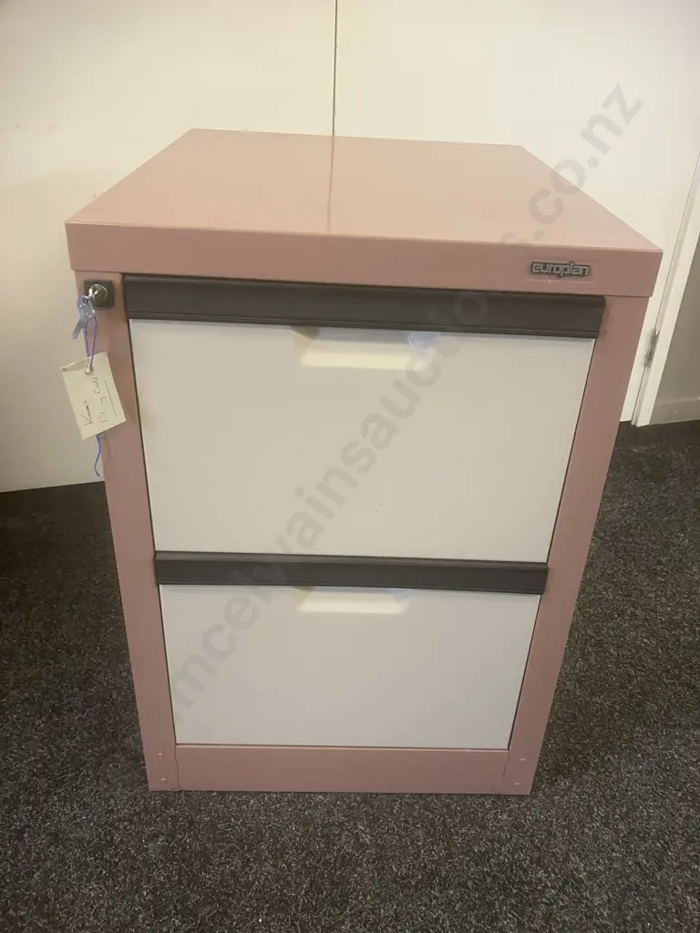 Europlan Two Drawer Metal Filing Cabinet With Keys, Cream & Pink Tones Image 1++