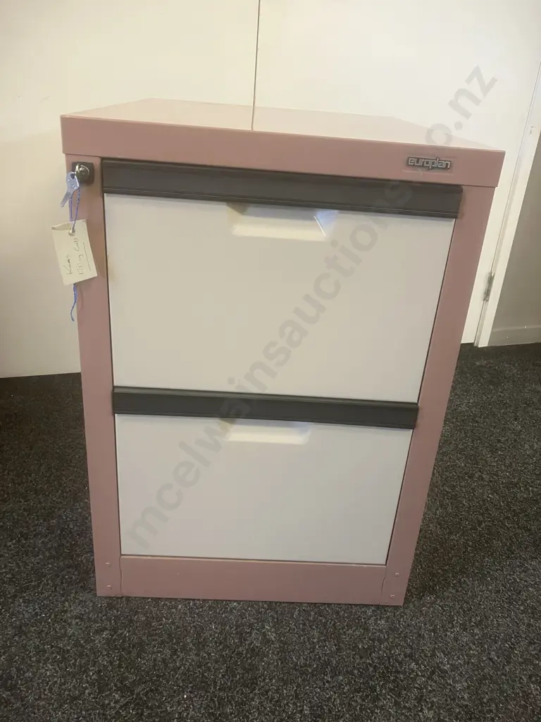 Europlan Two Drawer Metal Filing Cabinet With Keys, Cream & Pink Tones Image 1++