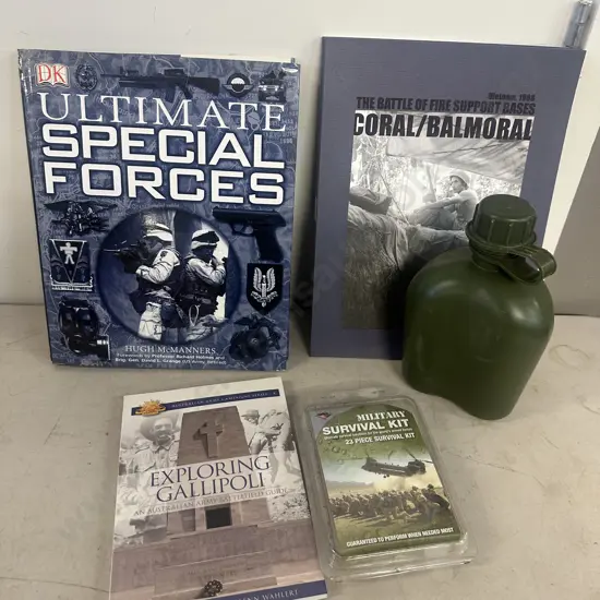 Selection Of Military Books, Survival Kit & Canteen