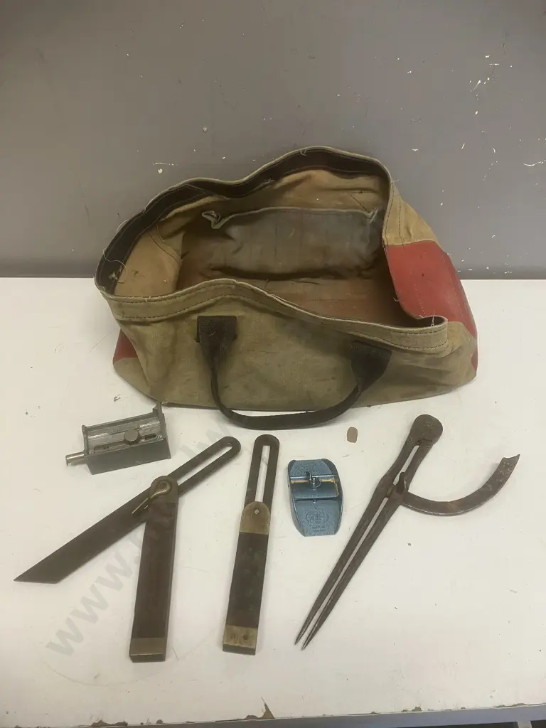 Vintage Rosewood Carpenters Bevells', Antique Calipers, Stanley Butt Gauge, Zip Razor Blade Plane, Leather & Canvas Tote Image 1++