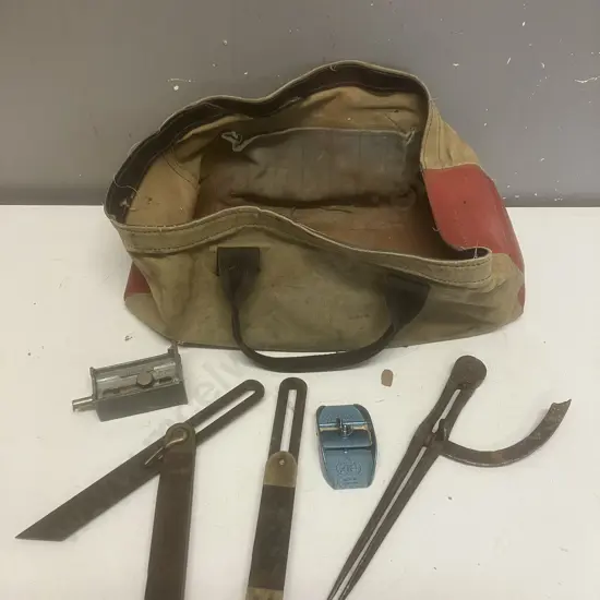 Vintage Rosewood Carpenters Bevells', Antique Calipers, Stanley Butt Gauge, Zip Razor Blade Plane, Leather & Canvas Tote