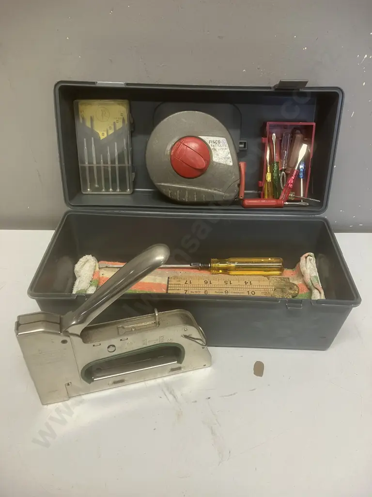 Fisco Satellite 30m Tape, Screwdrivers, Rapid Stapler, Rabone 1377 Builders Rule Etc in Plastic Toolbox Image 1++