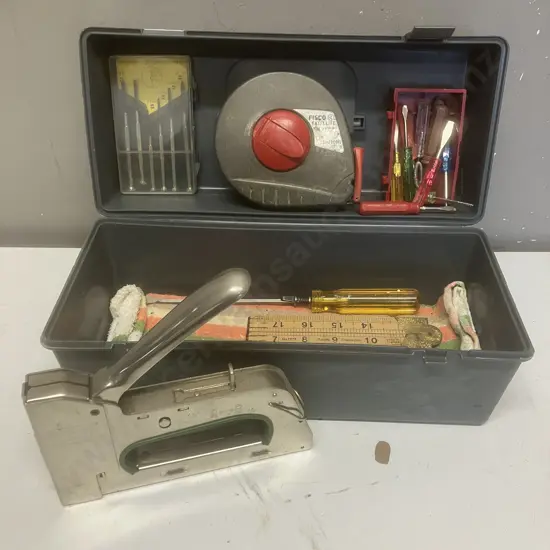 Fisco Satellite 30m Tape, Screwdrivers, Rapid Stapler, Rabone 1377 Builders Rule Etc in Plastic Toolbox