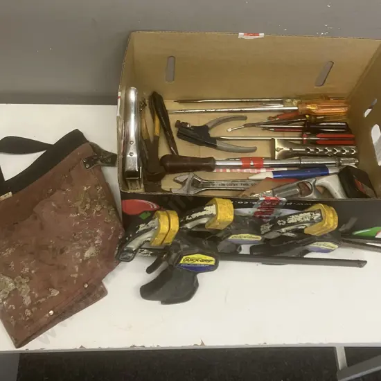 Taurus Leather Builders Apron, 3 x Quik-Grip Bar Clamps, Saws, Hand Tools, Arrow Stapler Etc