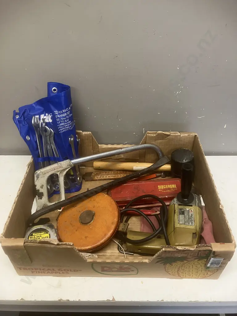 Box Lot -  Spanner Set, Old Tape Measure, Rubber Mallet Etc Image 1++