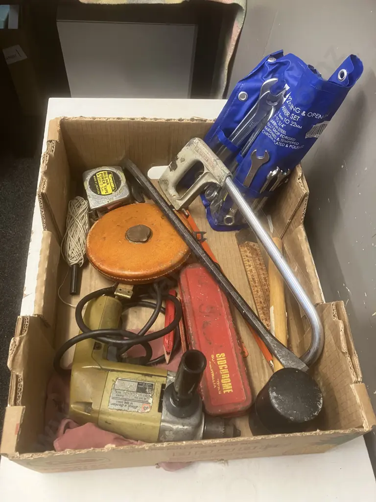 Box Lot -  Spanner Set, Old Tape Measure, Rubber Mallet Etc Image 1++