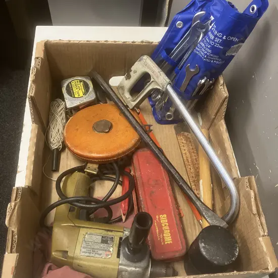 Box Lot -  Spanner Set, Old Tape Measure, Rubber Mallet Etc