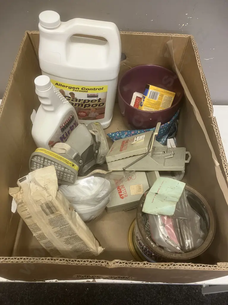 Box Lot - Carpet Shampoo, Rat Traps, Tin of Assorted Nails Etc Image 1++