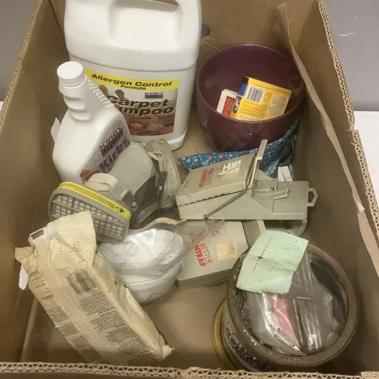 Box Lot - Carpet Shampoo, Rat Traps, Tin of Assorted Nails Etc
