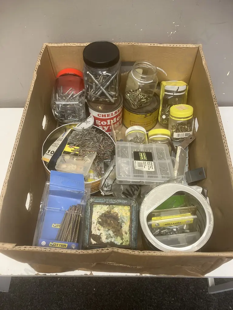 Box Lot - Assorted Screws, Nails Etc Image 1++