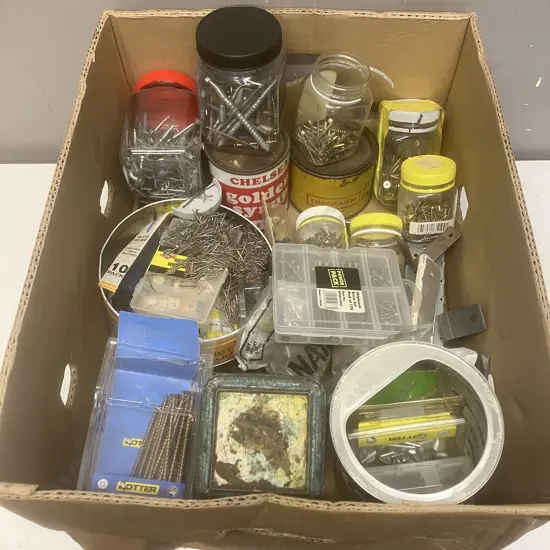 Box Lot - Assorted Screws, Nails Etc