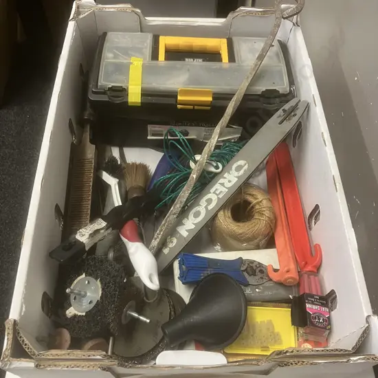 Box Lot -  Toolbox, Screws, Brushes Etc