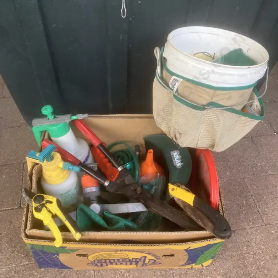 Box Lot - Sprayers, Garden Tools, Gloves Etc