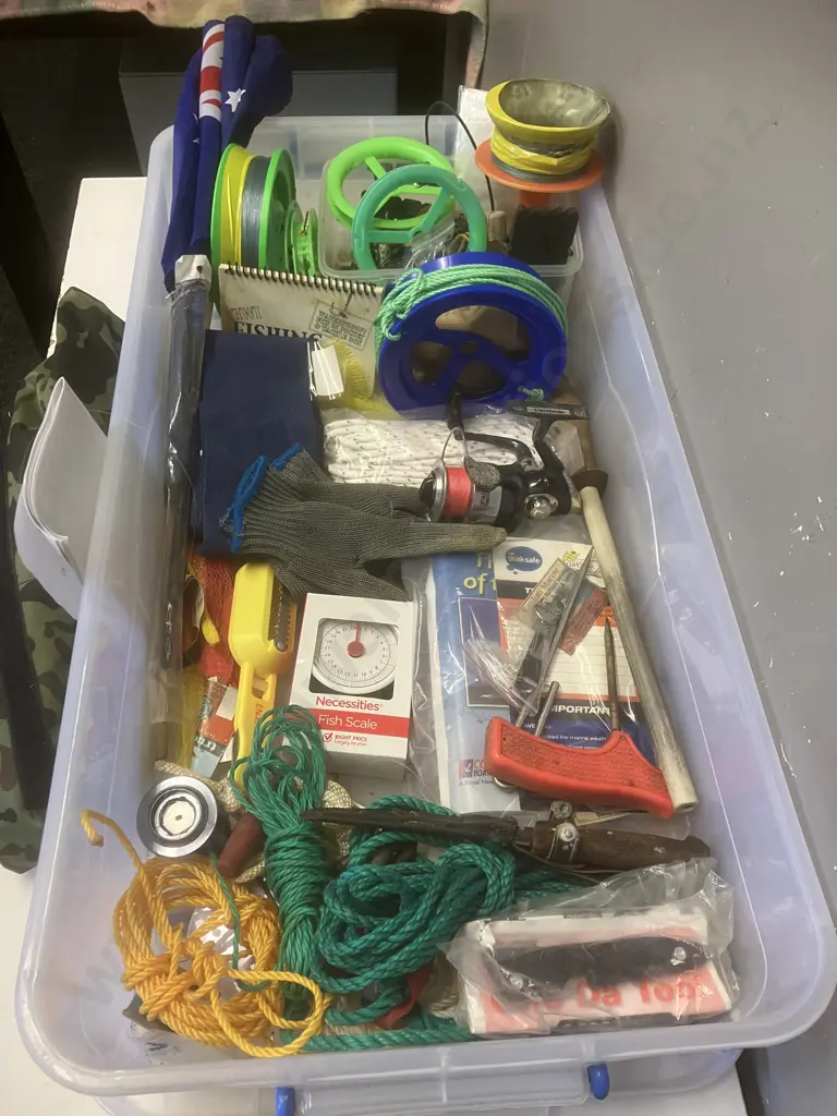 Box Lot - Knife Sharpening System, Flags, Fishing Items Including Reel Etc Image 1++
