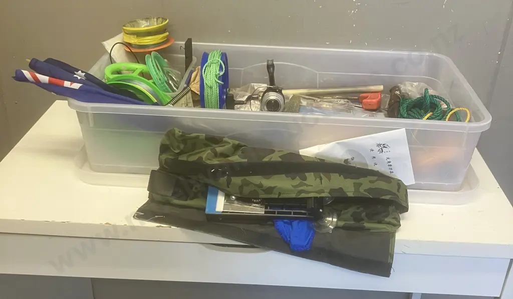 Box Lot - Knife Sharpening System, Flags, Fishing Items Including Reel Etc Image 1++