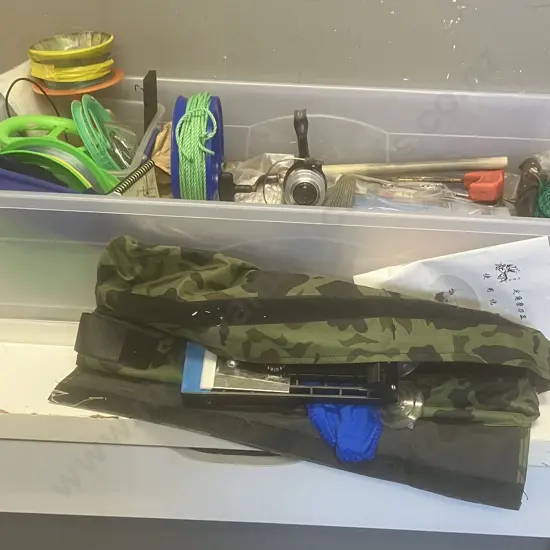 Box Lot - Knife Sharpening System, Flags, Fishing Items Including Reel Etc