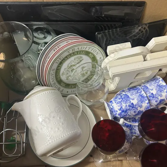 Assorted Glass Platters, Home Sign, Maxwell & Williams Tea Ware Etc