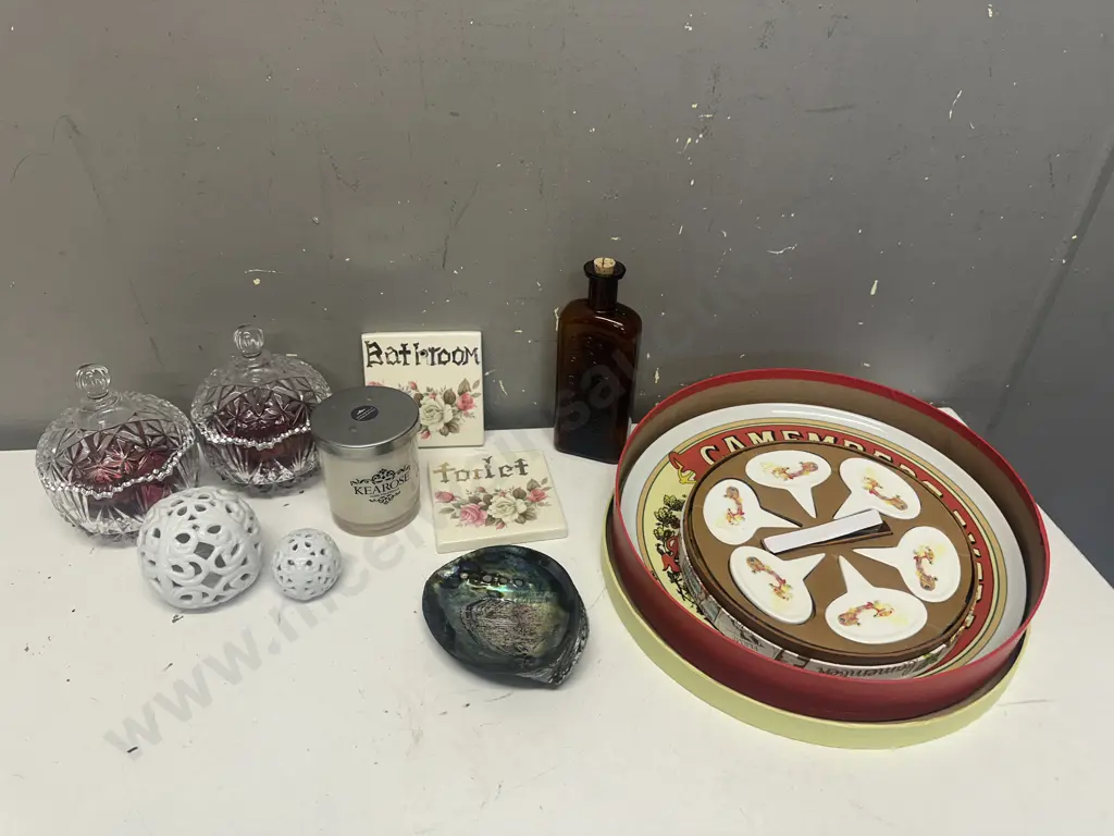 Box Lot Lidded Glass Dishes, Cheese Plate, Vintage Bottle Etc Image 1++