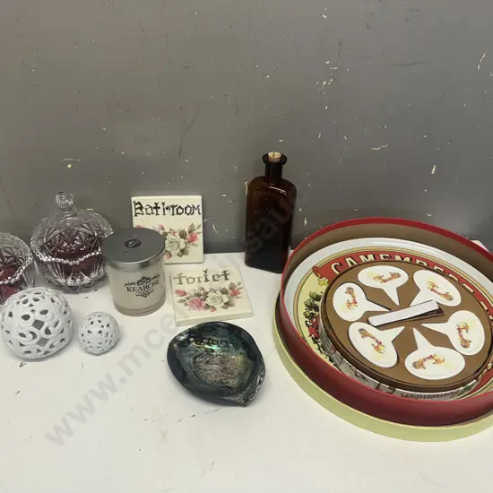 Box Lot Lidded Glass Dishes, Cheese Plate, Vintage Bottle Etc
