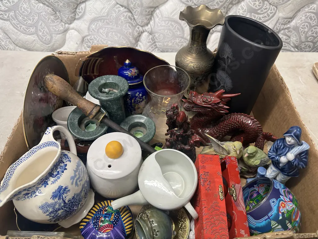 Box Lot Of Assorted Ornaments, Candle Holders, Feeding Cup Etc Image 1++