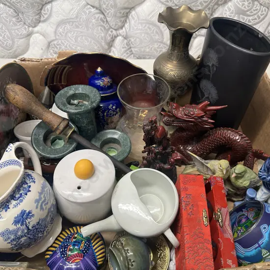 Box Lot Of Assorted Ornaments, Candle Holders, Feeding Cup Etc