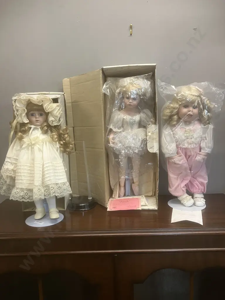 Three Porcelain Dolls With Stands, 2 With COA's & Boxes Image 1++