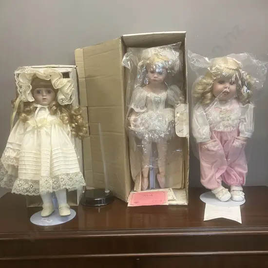 Three Porcelain Dolls With Stands, 2 With COA's & Boxes