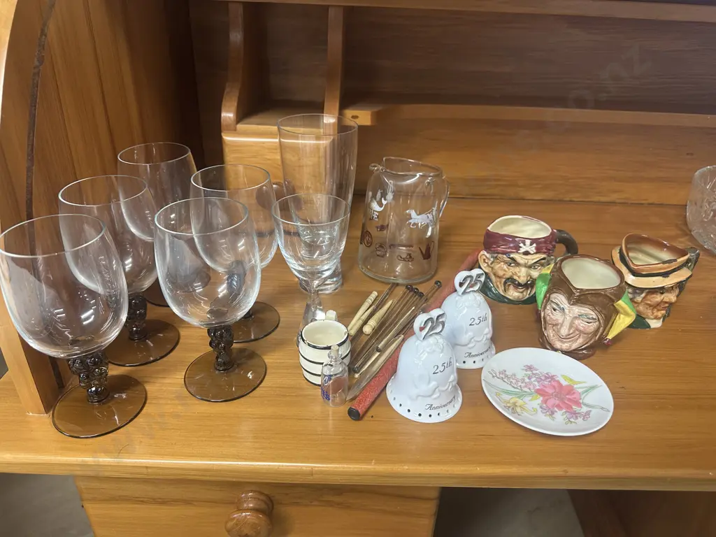 Vintage Glasses, Swivel Sticks, Toby Jugs Including Royal Doulton, American One Cent In Bottle Etc In Clear Lidded Bin Image 1++