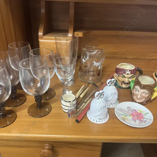 Vintage Glasses, Swivel Sticks, Toby Jugs Including Royal Doulton, American One Cent In Bottle Etc In Clear Lidded Bin