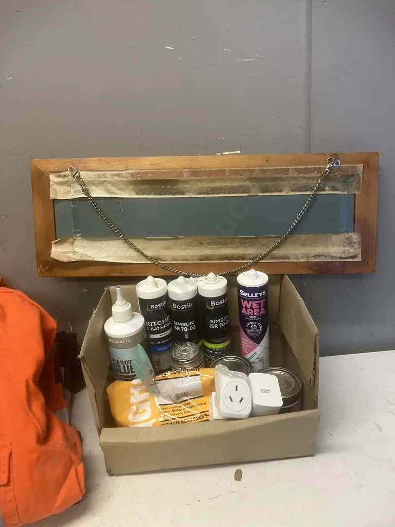 Protex Sz 13-124R Overalls, Assorted Bostik Tubes, Paints, "Bar Open" Hanging Sign Etc Image 1++