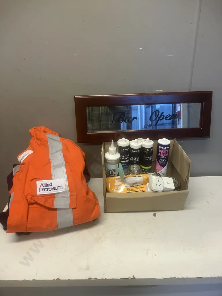 Protex Sz 13-124R Overalls, Assorted Bostik Tubes, Paints, "Bar Open" Hanging Sign Etc Image 1++