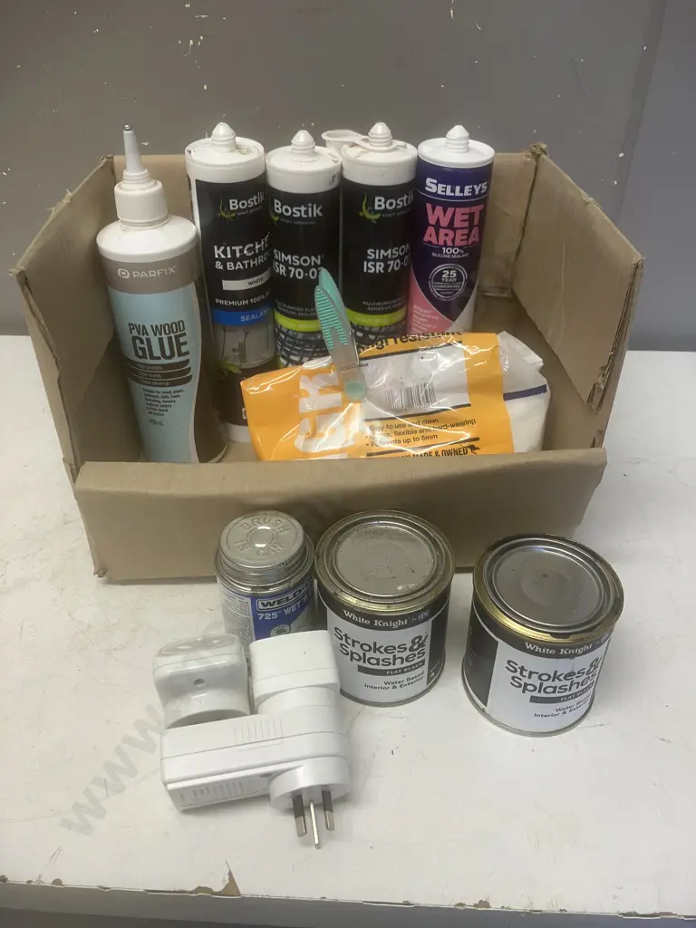 Protex Sz 13-124R Overalls, Assorted Bostik Tubes, Paints, "Bar Open" Hanging Sign Etc Image 1++