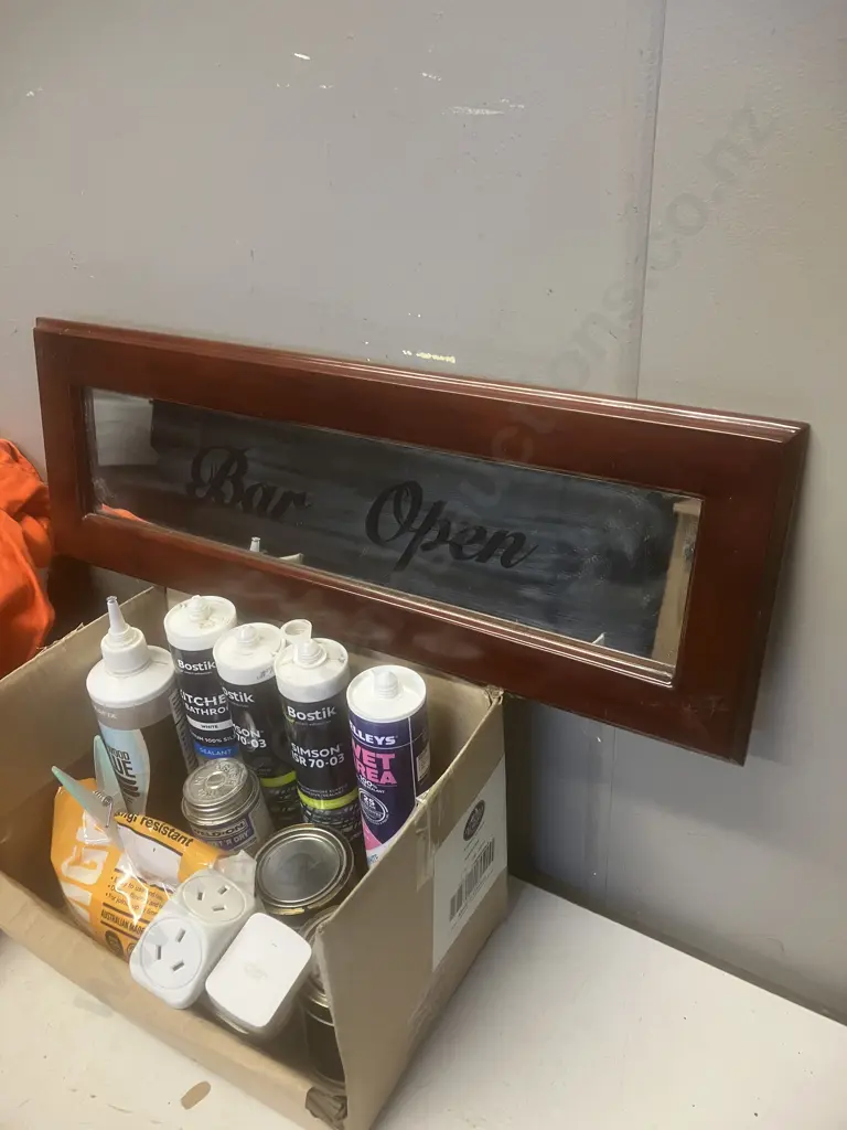 Protex Sz 13-124R Overalls, Assorted Bostik Tubes, Paints, "Bar Open" Hanging Sign Etc Image 1++