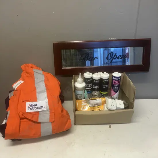 Protex Sz 13-124R Overalls, Assorted Bostik Tubes, Paints, "Bar Open" Hanging Sign Etc
