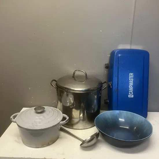 Enamelled Cast Casserole With Lid, Stock Pot With Lid, Ladle, Bowl, Campmaster Gas Cooker