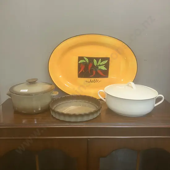 Temuka Lidded Casserole & Flan Dish. Large Chillies Platter & White Lidded Casserole