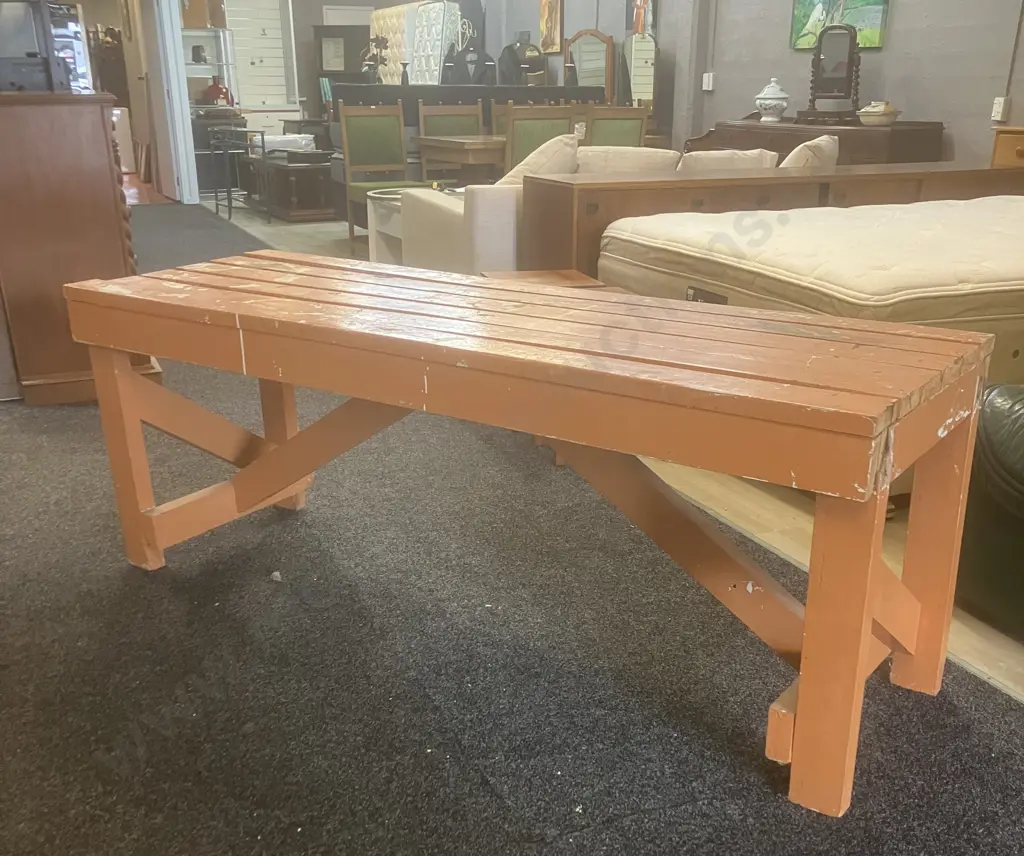 Timber Workbench Painted Orange. H70 L185 D63cm Image 1++