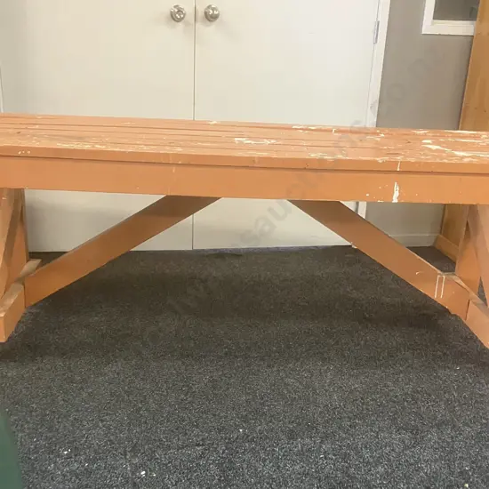 Timber Workbench Painted Orange. H70 L185 D63cm