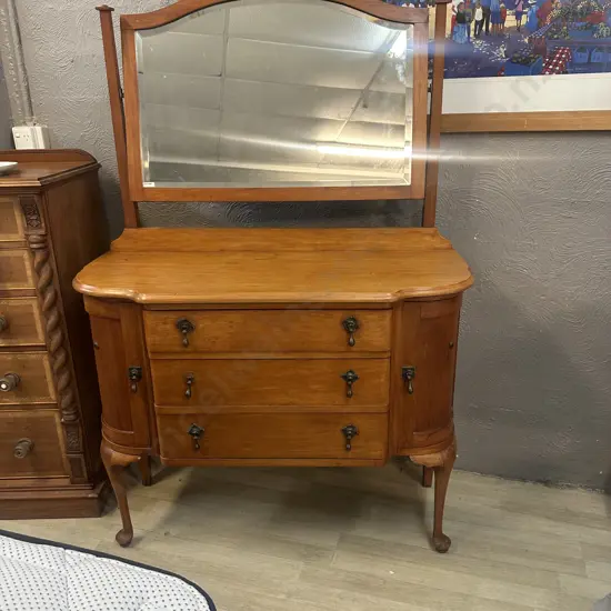Antique Kauri Dressing Table Three Drawer Two Bowed Cupboards With Cabriole Legs