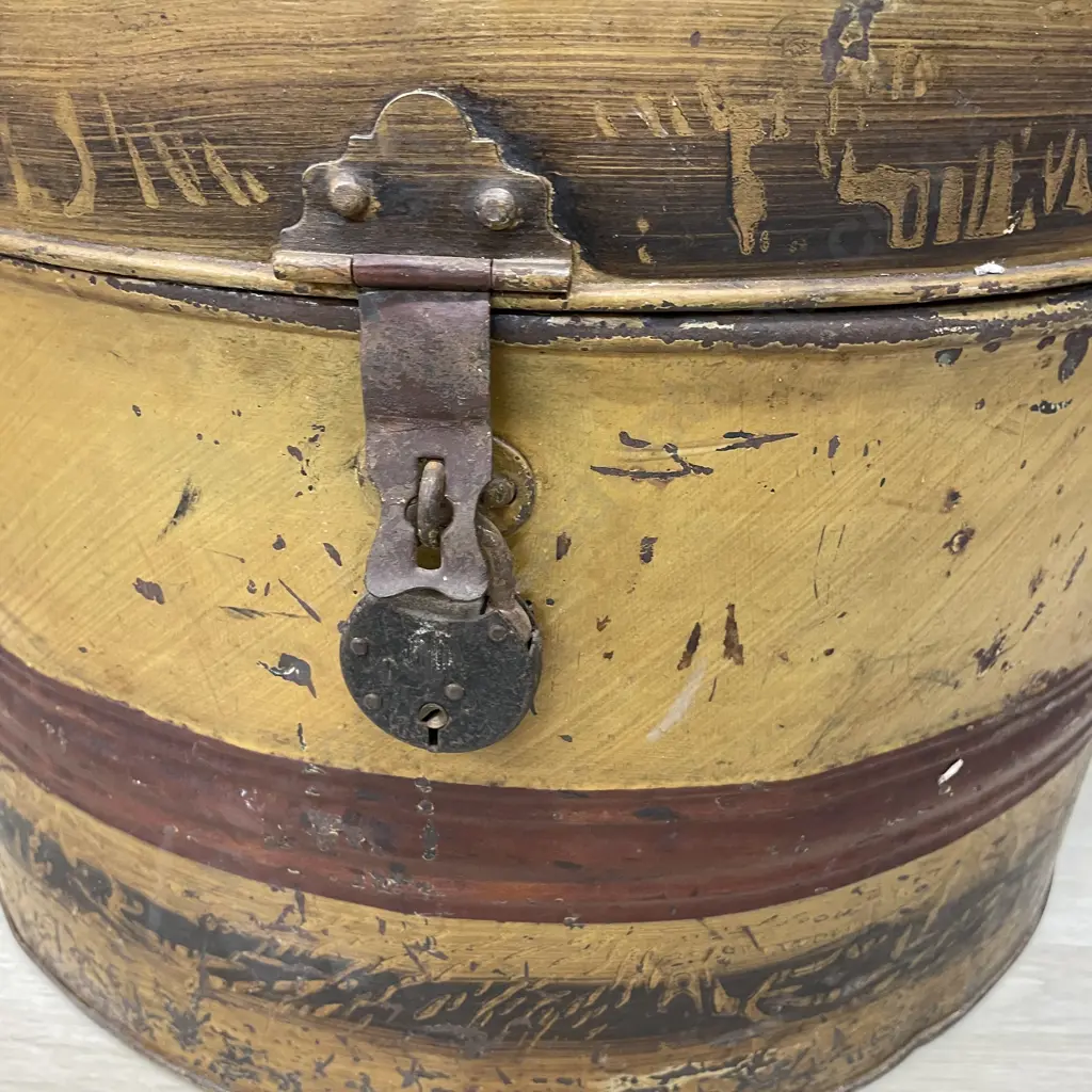 Large Antique Tin Hat Box with Padlock. H34cm Dia 51cm Image 1++